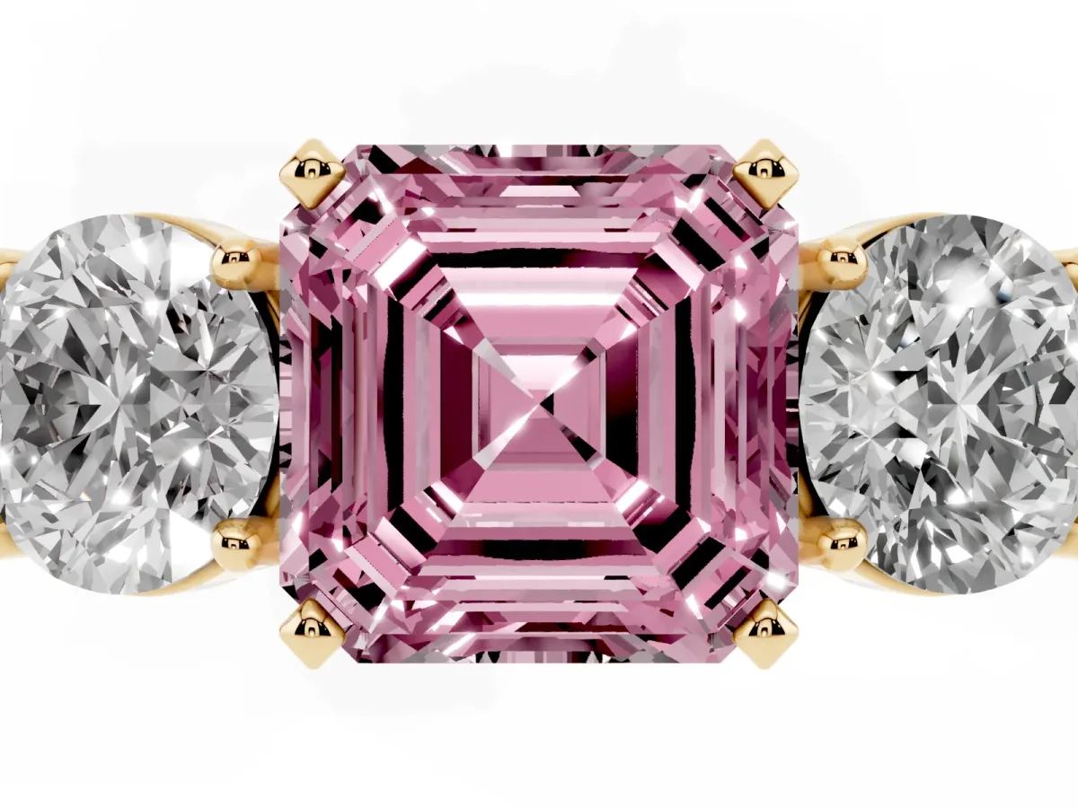 Fancy Pink Three-Stone Asscher Cut Diamond Ring with Round Side Stones, Classic Band, and Four-Prong Setting Yellow gold