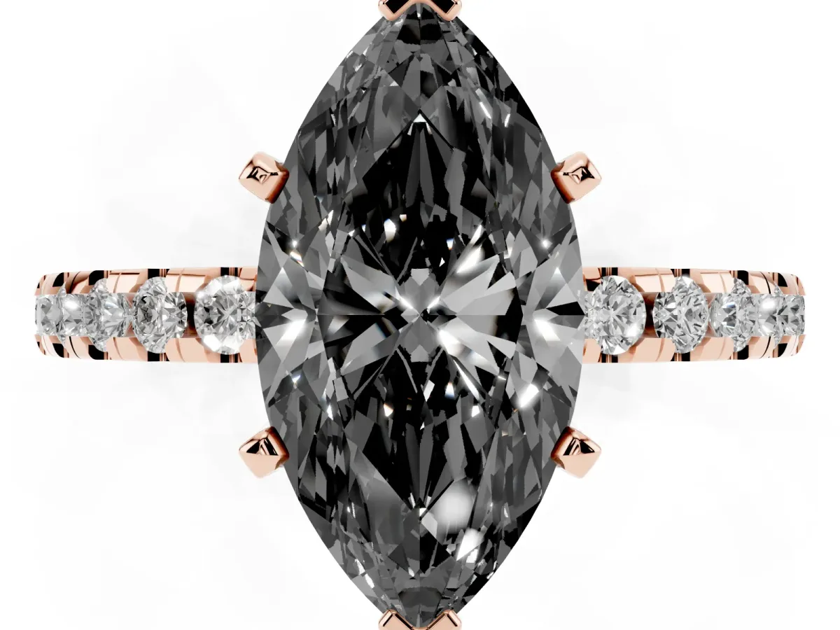 Fancy Black Marquise Cut Diamond Solitaire Ring with Round Pavé Band and Four-Prong Setting Rose gold
