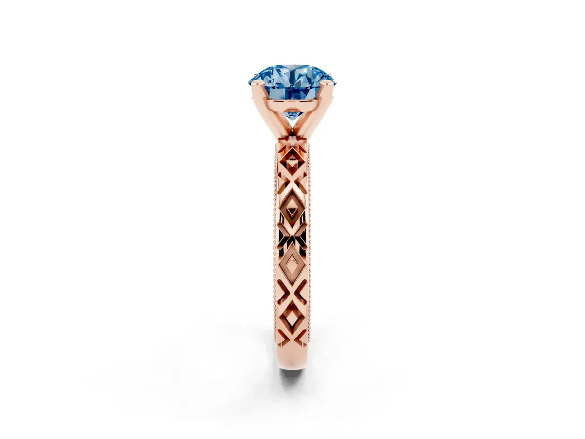 Fancy Blue Round Cut Solitaire Diamond Ring with Milgrain and Black Enamel X Pattern Band Rose gold