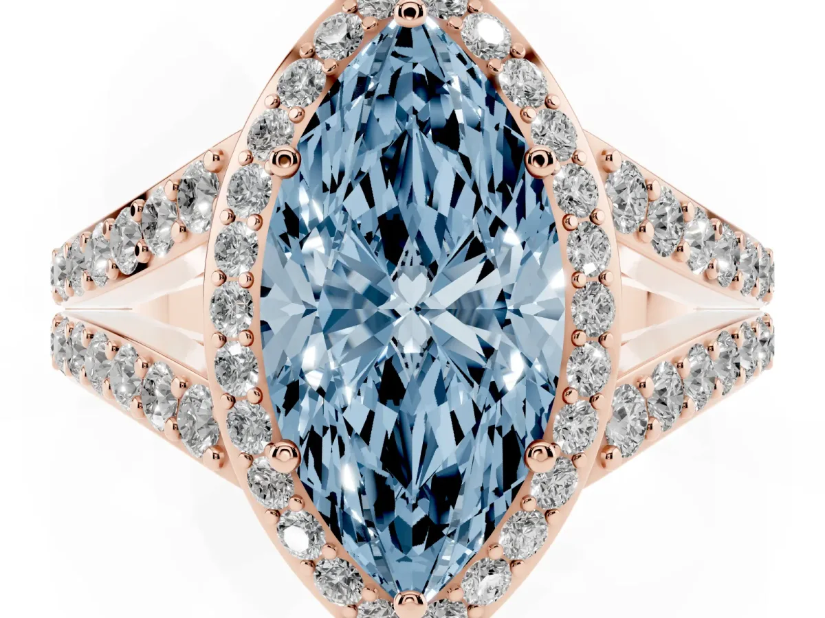 Fancy Blue Marquise Cut Diamond Split Shank Halo Ring with Four-Prong Setting Rose gold