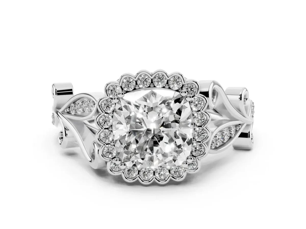 Cushion Cut Diamond Halo Ring with Vintage Split Shank and Four-Prong Setting Silver