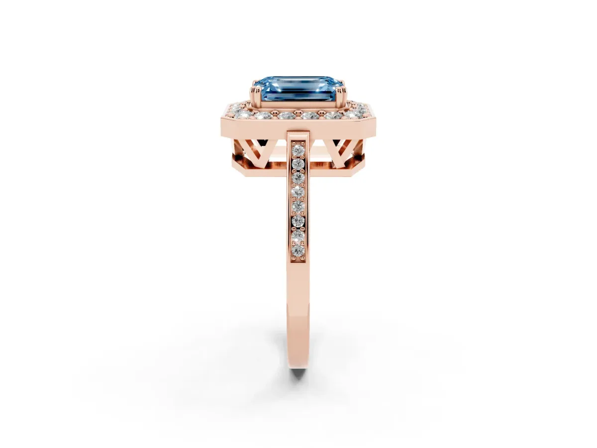 Fancy Blue Emerald Cut Diamond Halo Ring with Split Shank and Four-Prong Setting Rose gold