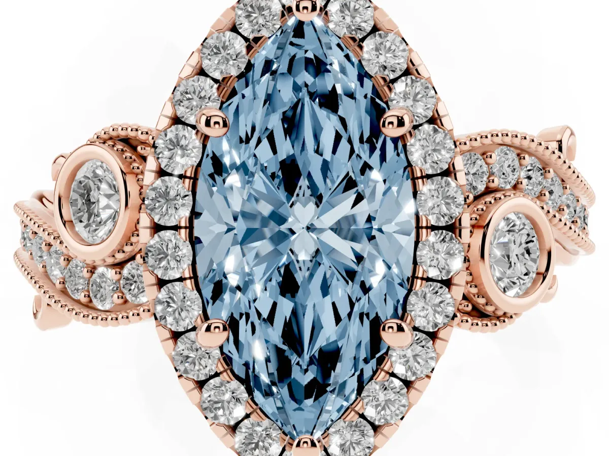 Fancy Blue Marquise Cut Halo Diamond Ring with Milgrain and Bezel Accents on a Split Shank Band Rose gold