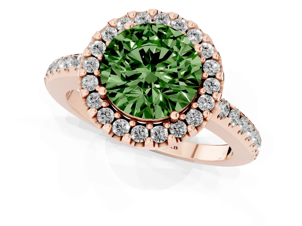 Fancy Green Round Cut Diamond Pavé Halo Ring with Four-Prong Setting Rose gold