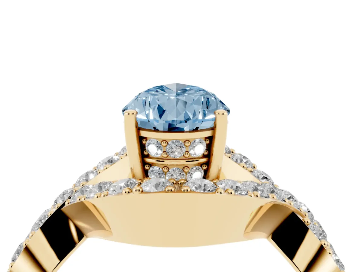 Fancy Blue Pear Cut Solitaire Twist Band Pavé Diamond Engagement Ring Yellow gold