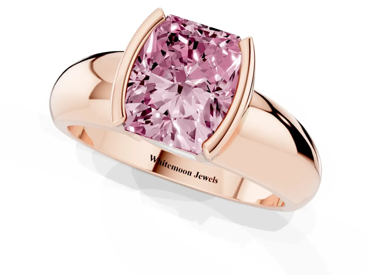 Fancy Pink Radiant Cut Solitaire Tension Set Diamond Ring with Wide Band Rose gold