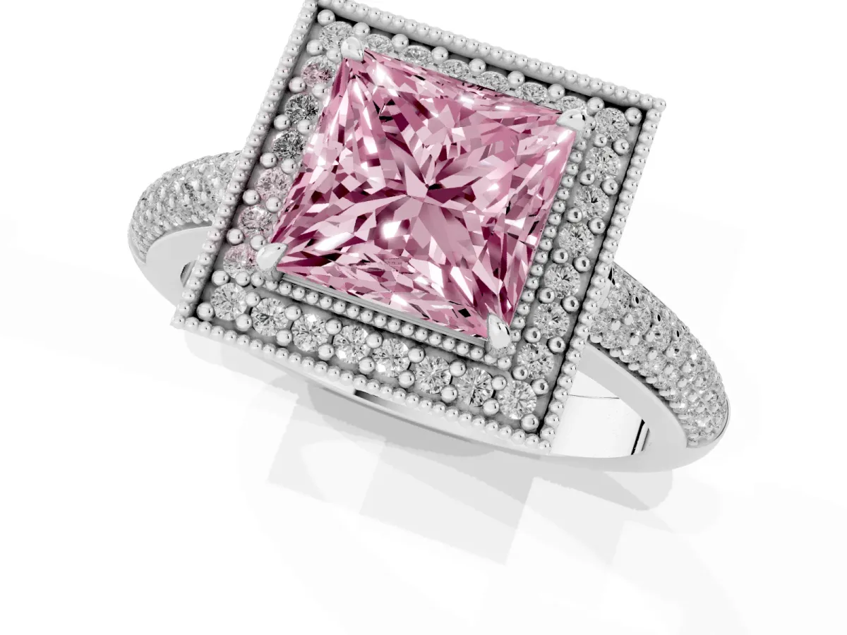 Fancy Pink Princess Cut Cut Halo Diamond Pave Band with Four-Prong Setting Silver