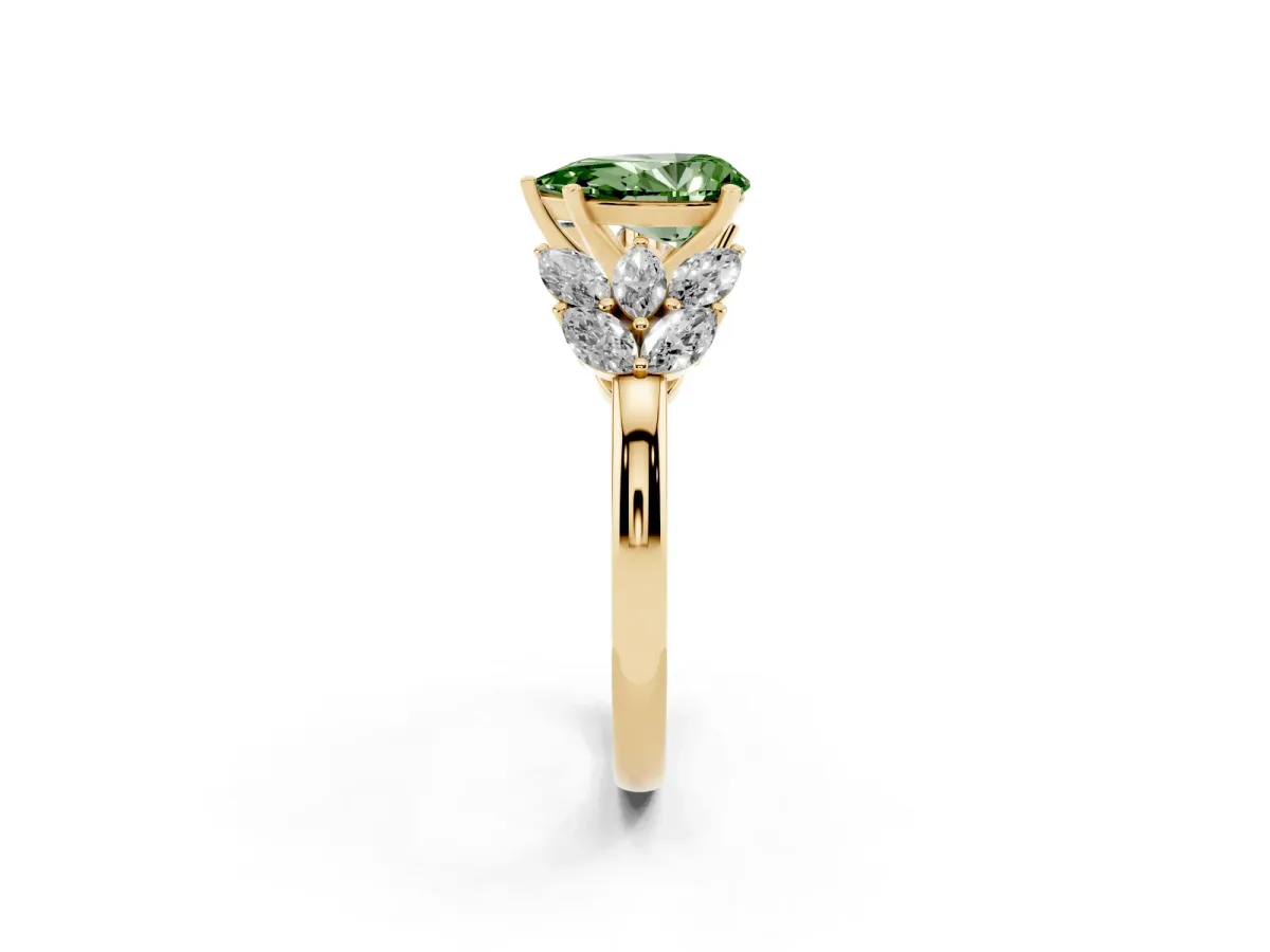 Fancy Green Pear Cut Diamond Cluster Leaf Design Ring with Prong Setting Yellow gold
