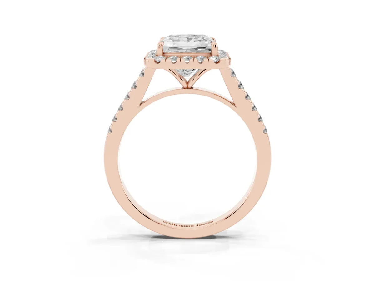 Princess Cut Halo Pave Diamond Engagement Ring with Four-Prong Setting Rose gold