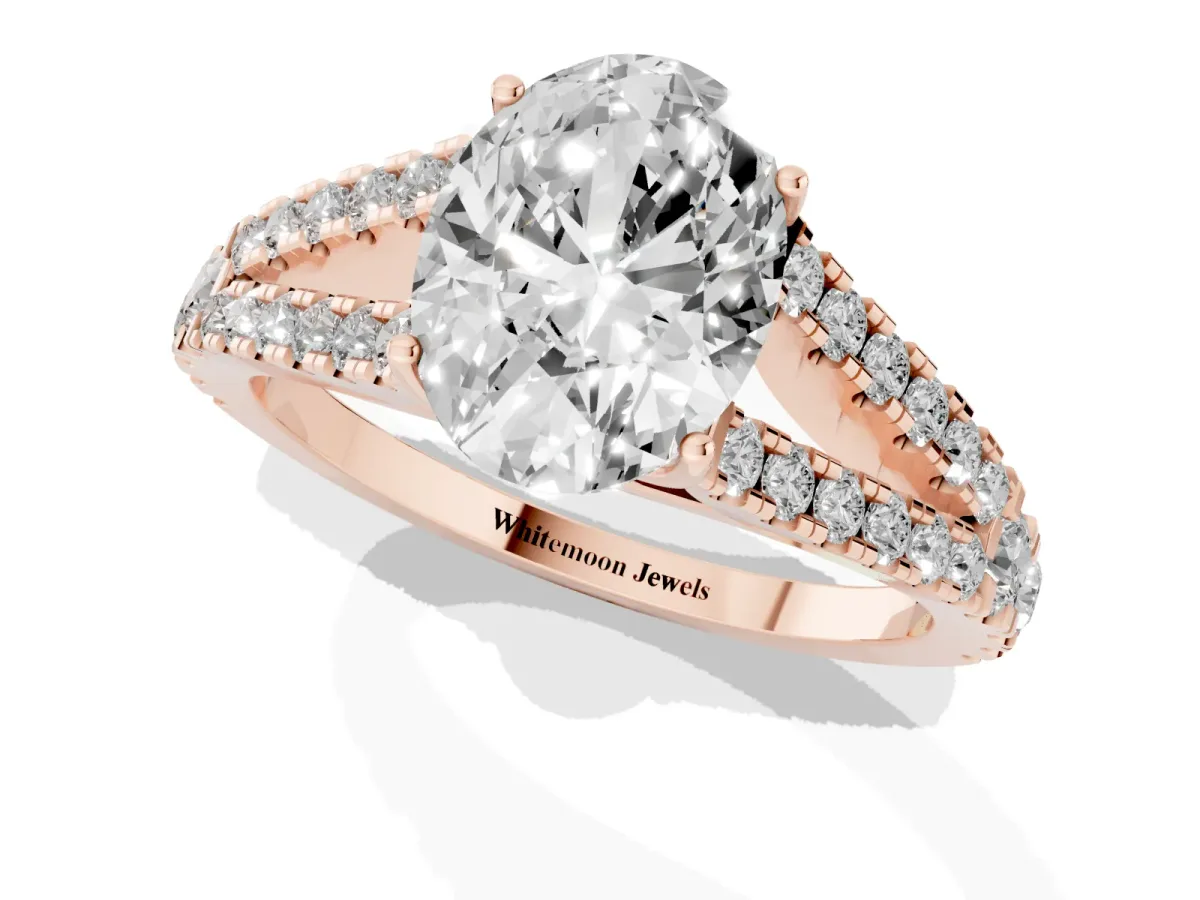 Oval Cut Diamond Split Shank Engagement Ring with Round Pavé and Prong Setting Rose gold