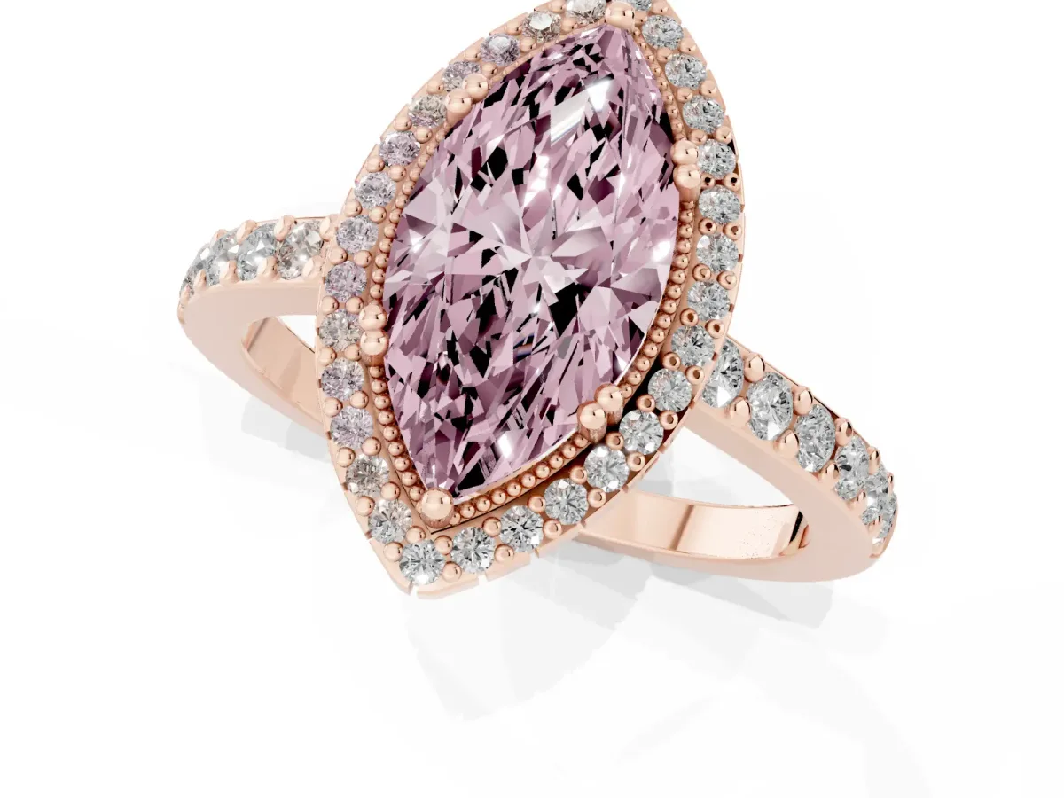 Fancy Pink Marquise Cut Cut Diamond Halo Engagement Ring with Milgrain Detail and Pavé Band Rose gold