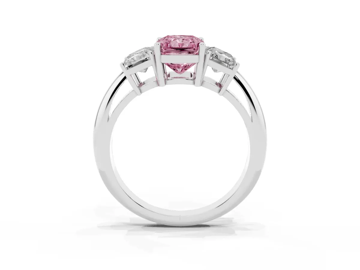 Fancy Pink Three-Stone Radiant Cut Cut Diamond Engagement Ring with Prong Setting on a White Gold Band Platinum
