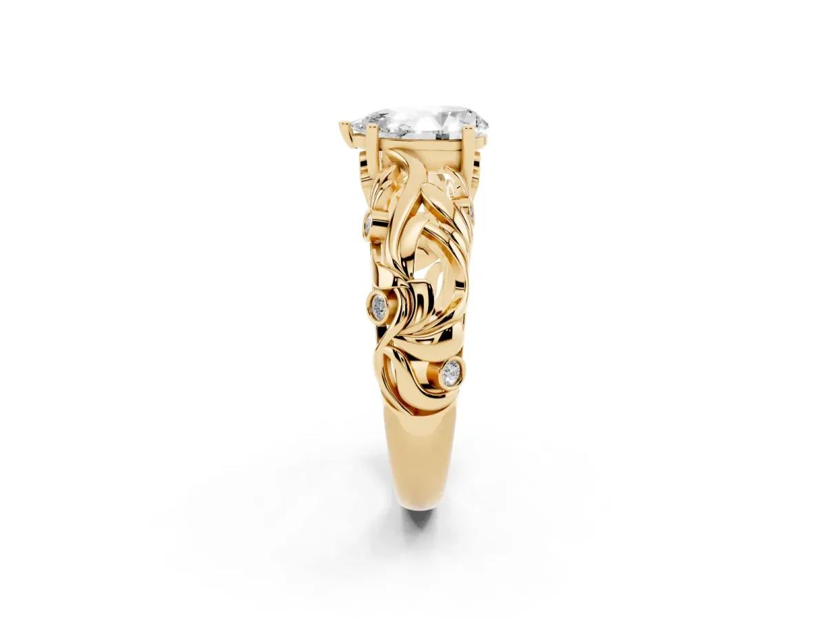 Pear Cut Solitaire Diamond Leaf-Inspired Vine Band Ring with Prong Setting Yellow gold