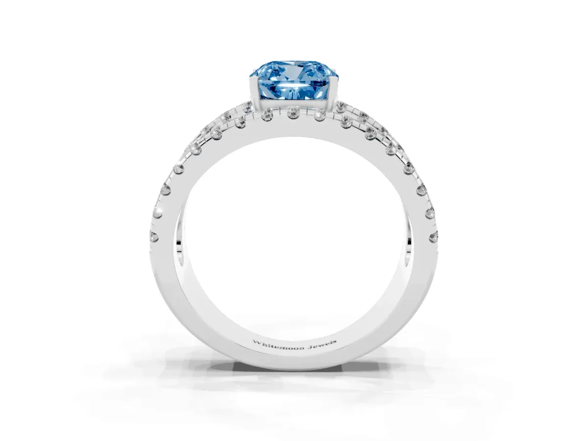 Fancy Blue Cushion Cut Solitaire Split Shank Pave Diamond Ring Platinum