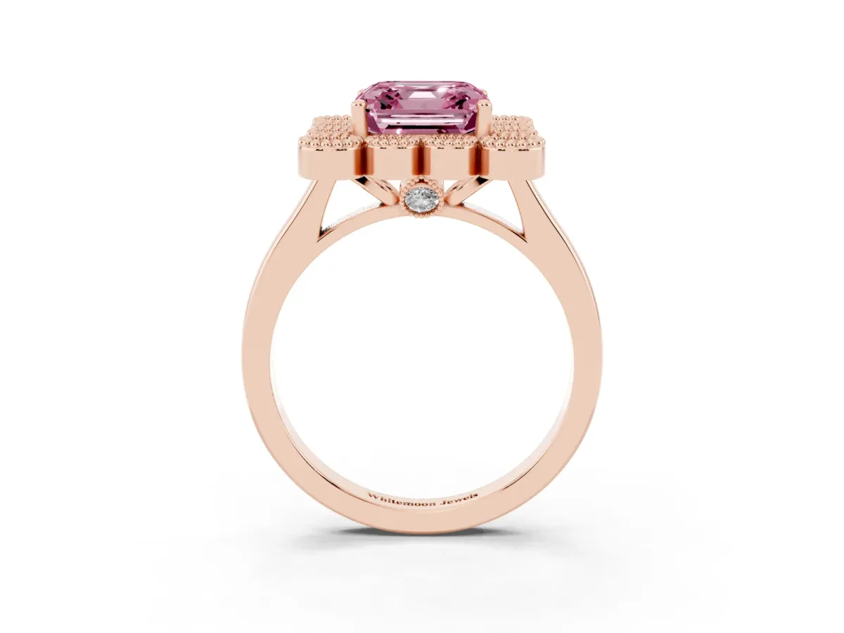 Fancy Pink Asscher Cut Halo Diamond Cluster Engagement Ring with Milgrain Bezel Setting and Solitaire Band Rose gold