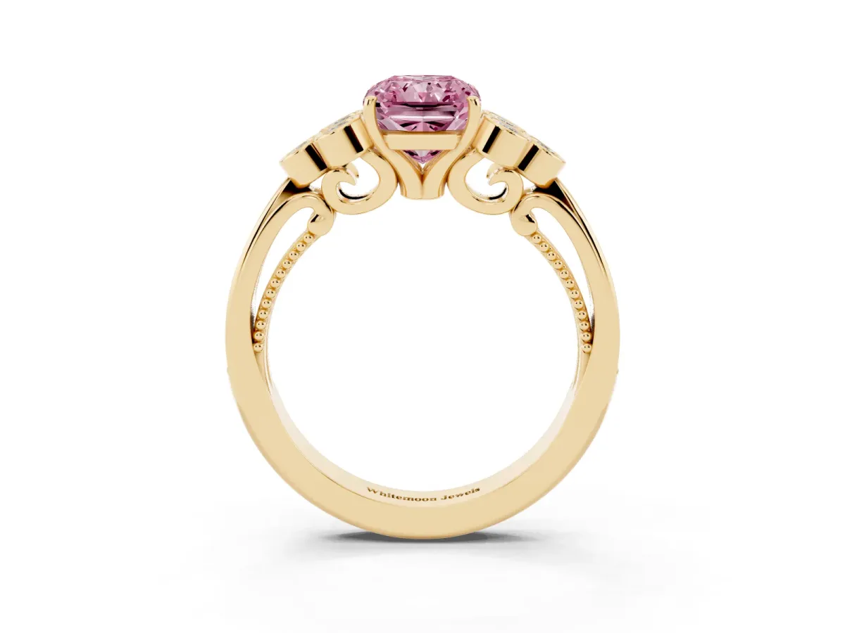 Fancy Pink Radiant Cut Cut Diamond Engagement Ring with Bezel Set Round Side Stones and Prong Setting Yellow gold