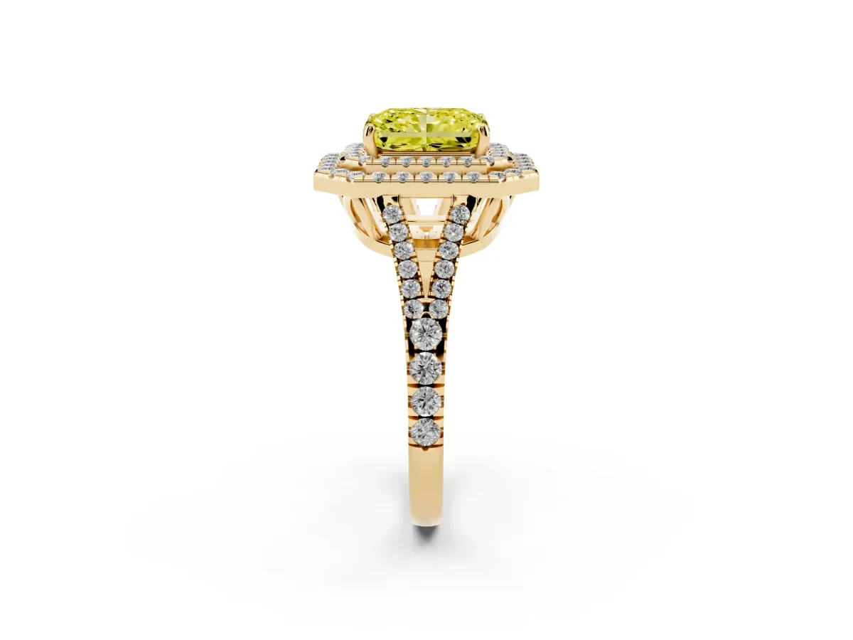Fancy Yellow Radiant Cut Diamond Double Halo Ring with Pavé Band and Prong Setting Yellow gold