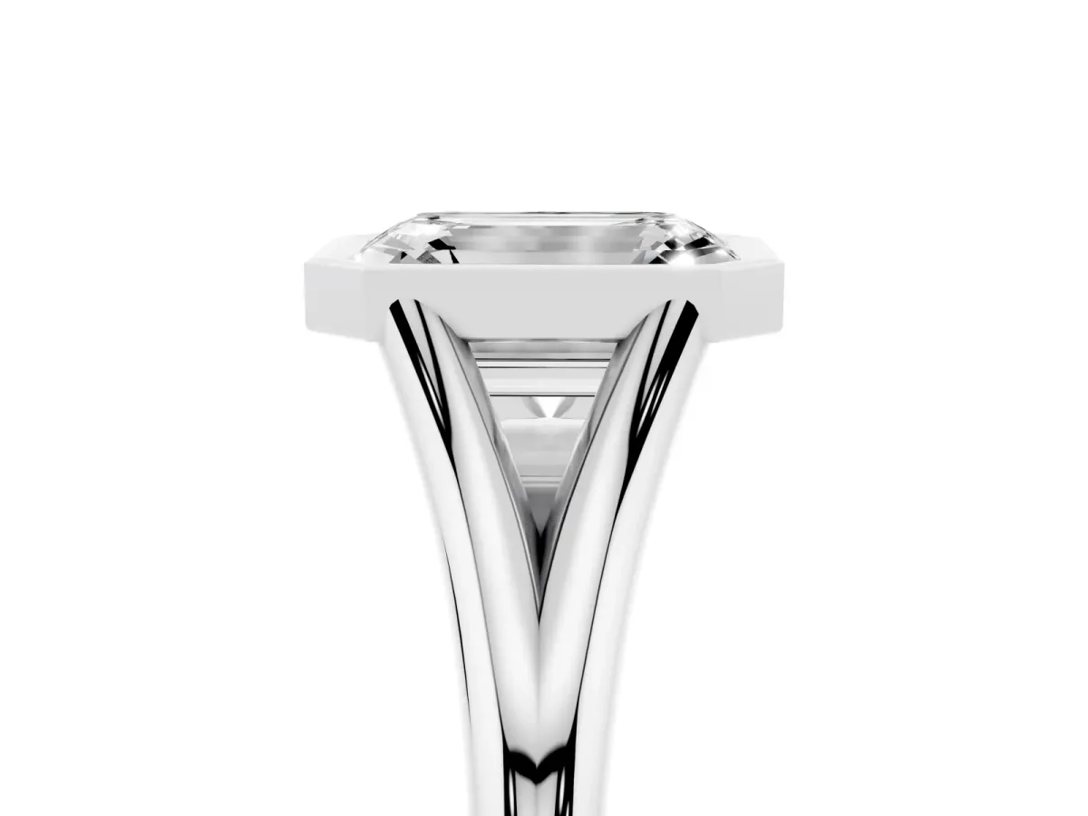 Bezel Set Emerald Cut Cut Solitaire Ring with Tapered Band Silver