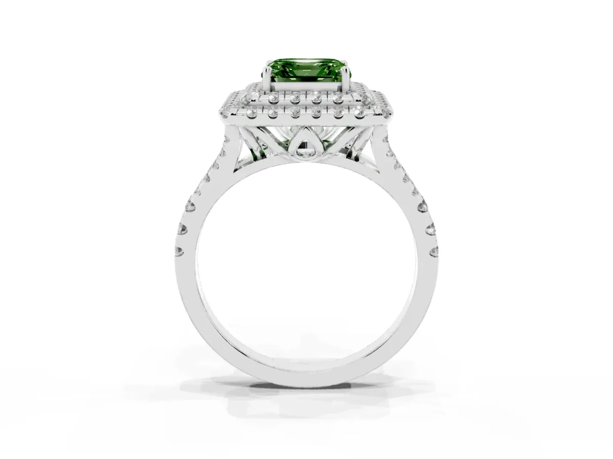 Fancy Green Double Halo Asscher Cut Diamond Pavé Split Shank Ring with Prong Setting Silver