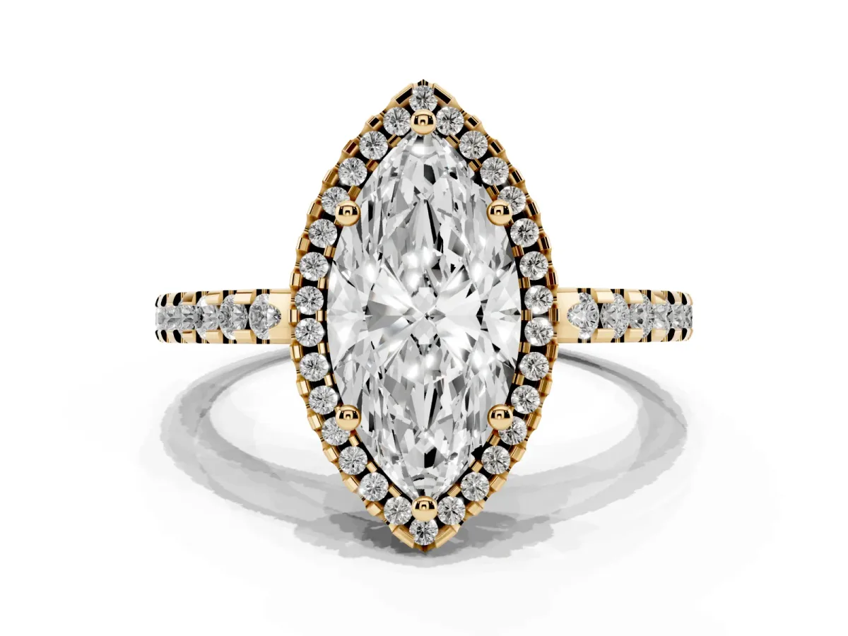 Marquise Cut Diamond Halo Engagement Ring with Pavé Band and Prong Setting Yellow gold