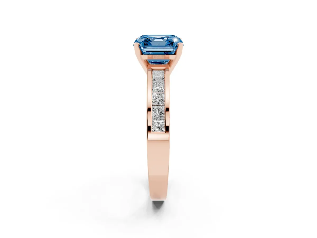 Fancy Blue Asscher Cut Solitaire Diamond Ring with Channel-Set Band and Four-Prong Setting Rose gold
