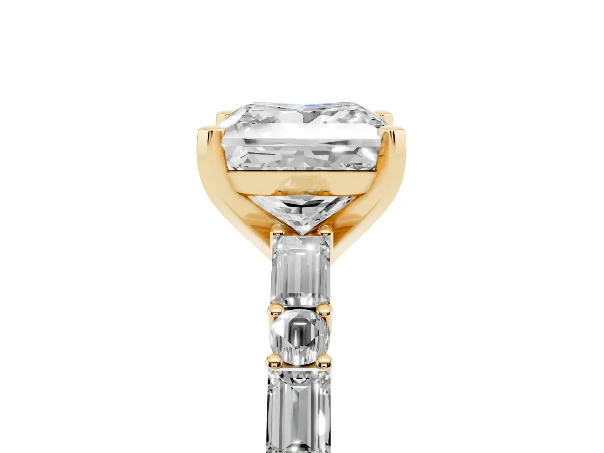 Princess Cut Diamond Solitaire with Side Baguettes and Channel Set Band Yellow gold