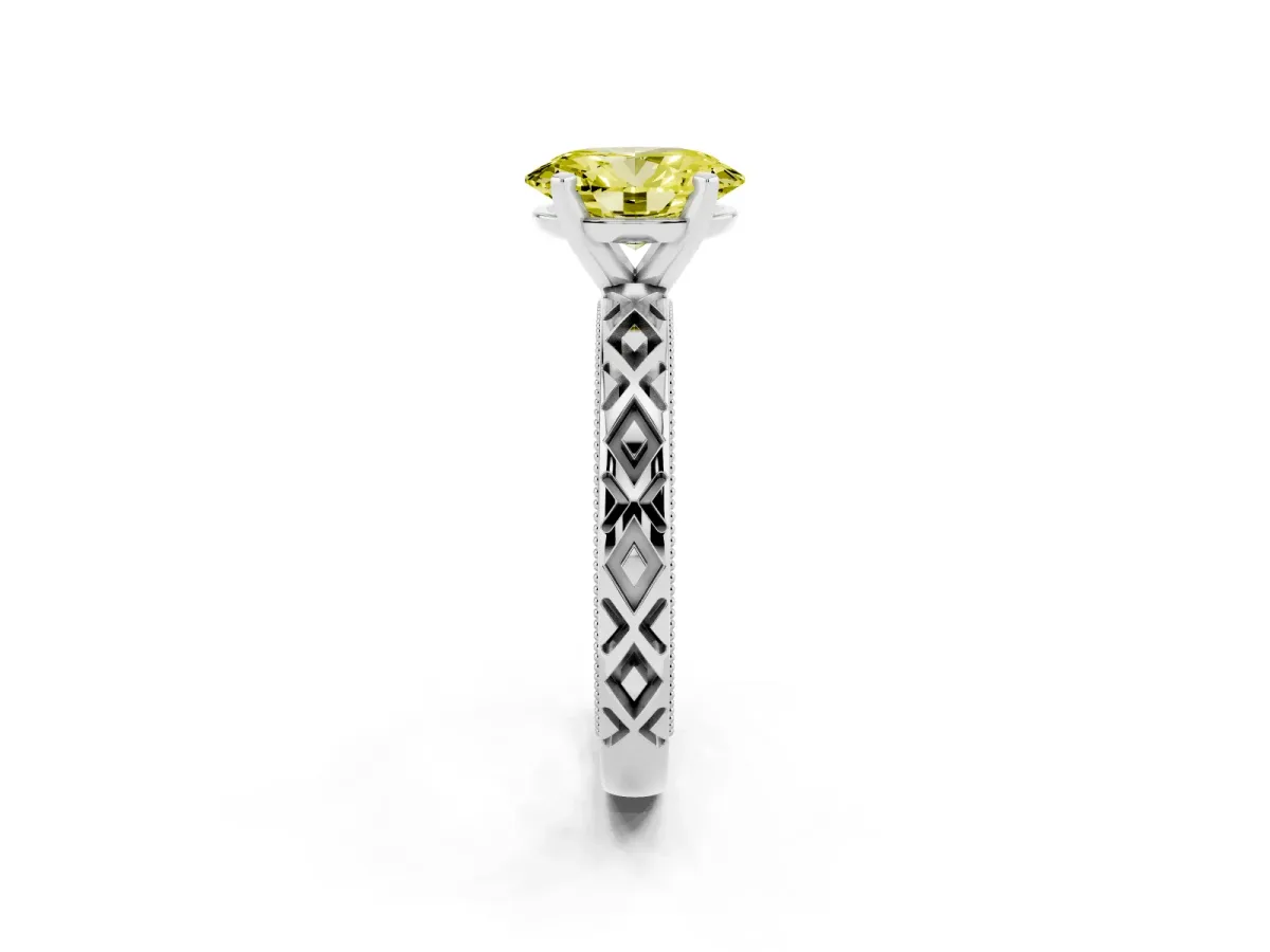 Fancy Yellow Oval Cut Solitaire Diamond Ring with Milgrain and Black Enamel X Pattern Band Silver