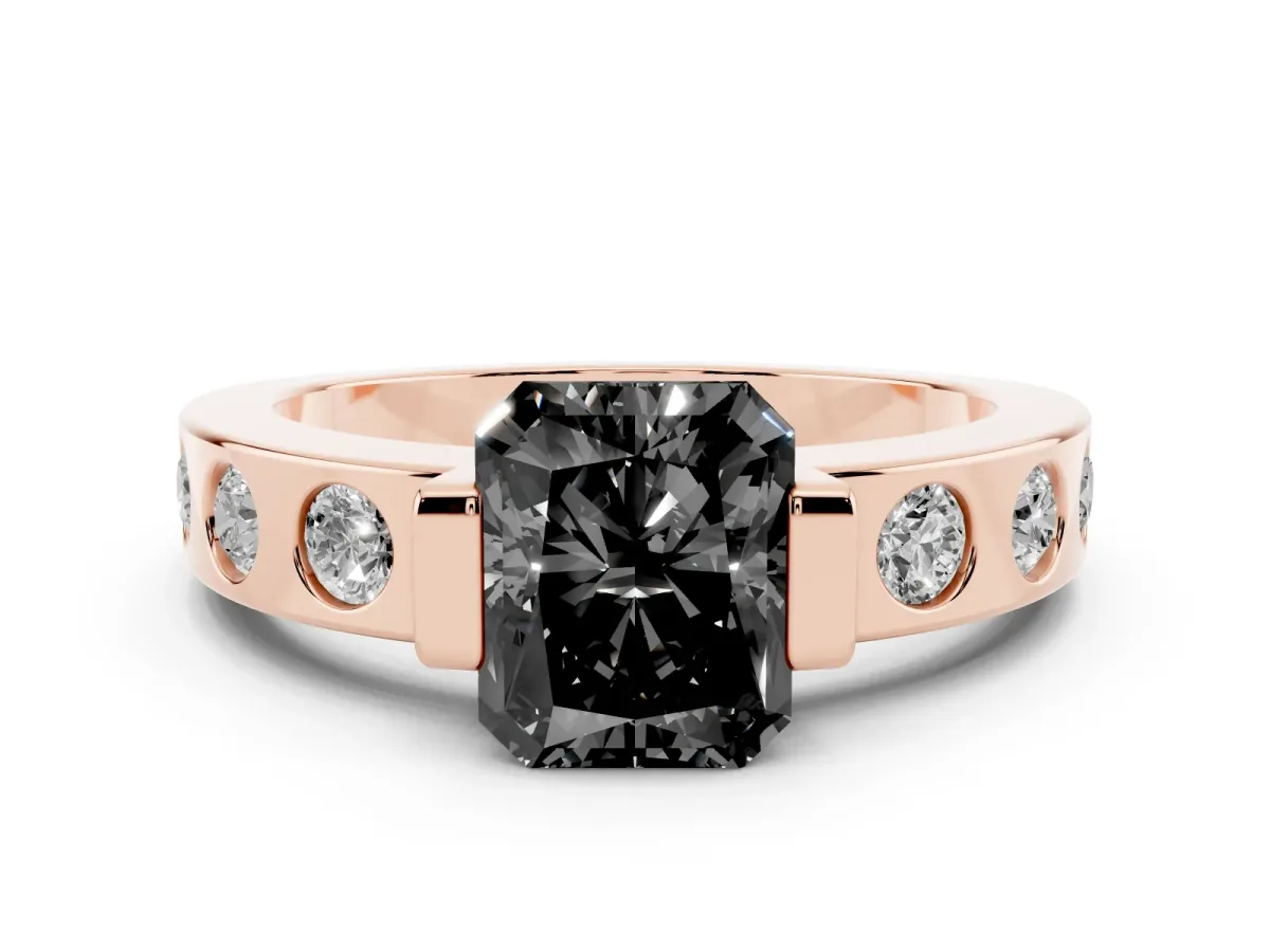 Fancy Black Radiant Cut Brilliant Channel-Set Diamond Ring with Bezel Prong Setting Rose gold