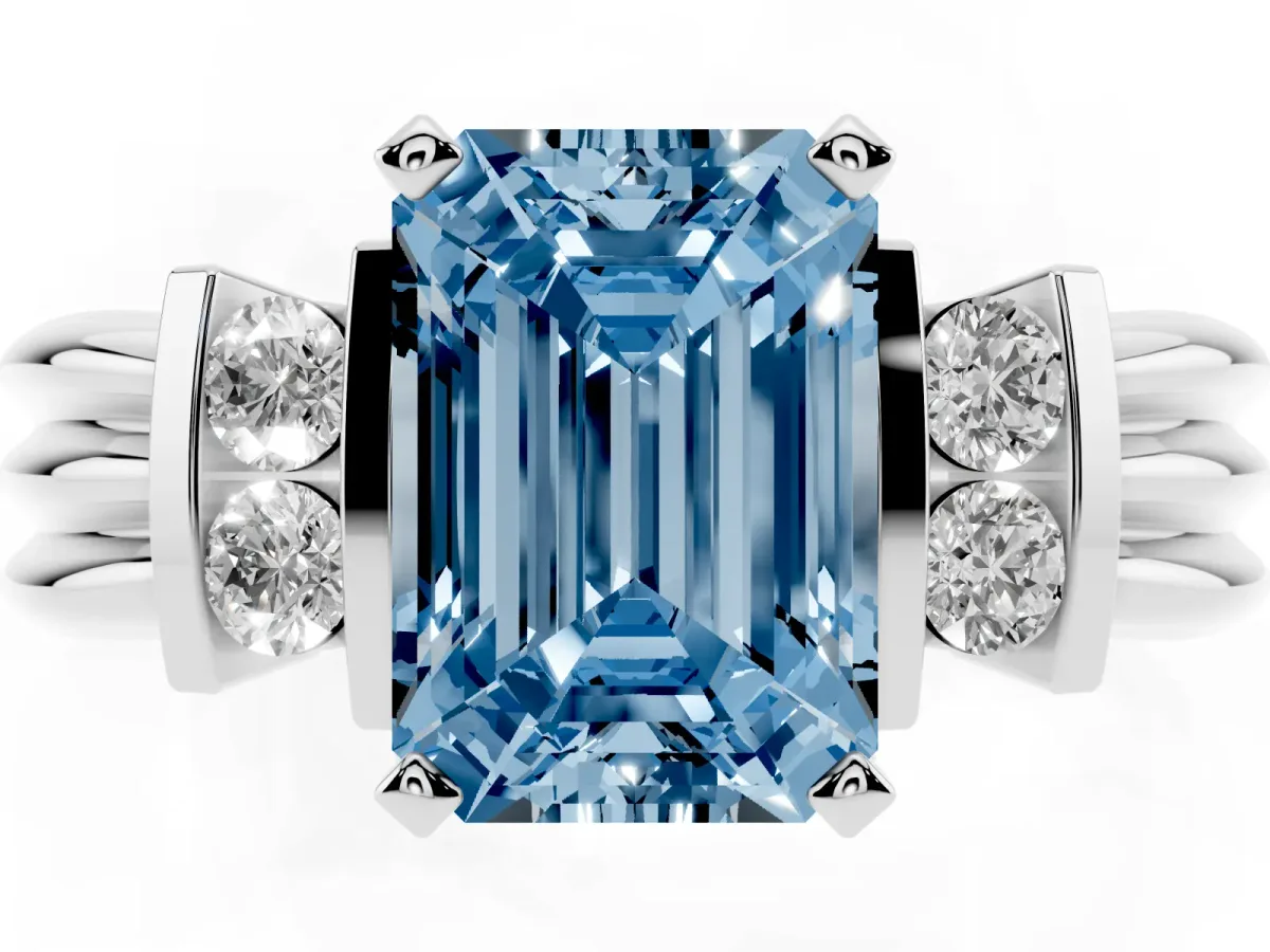 Fancy Blue Emerald Cut Cut Three-Stone Channel Set Ring with Bar Prongs Platinum