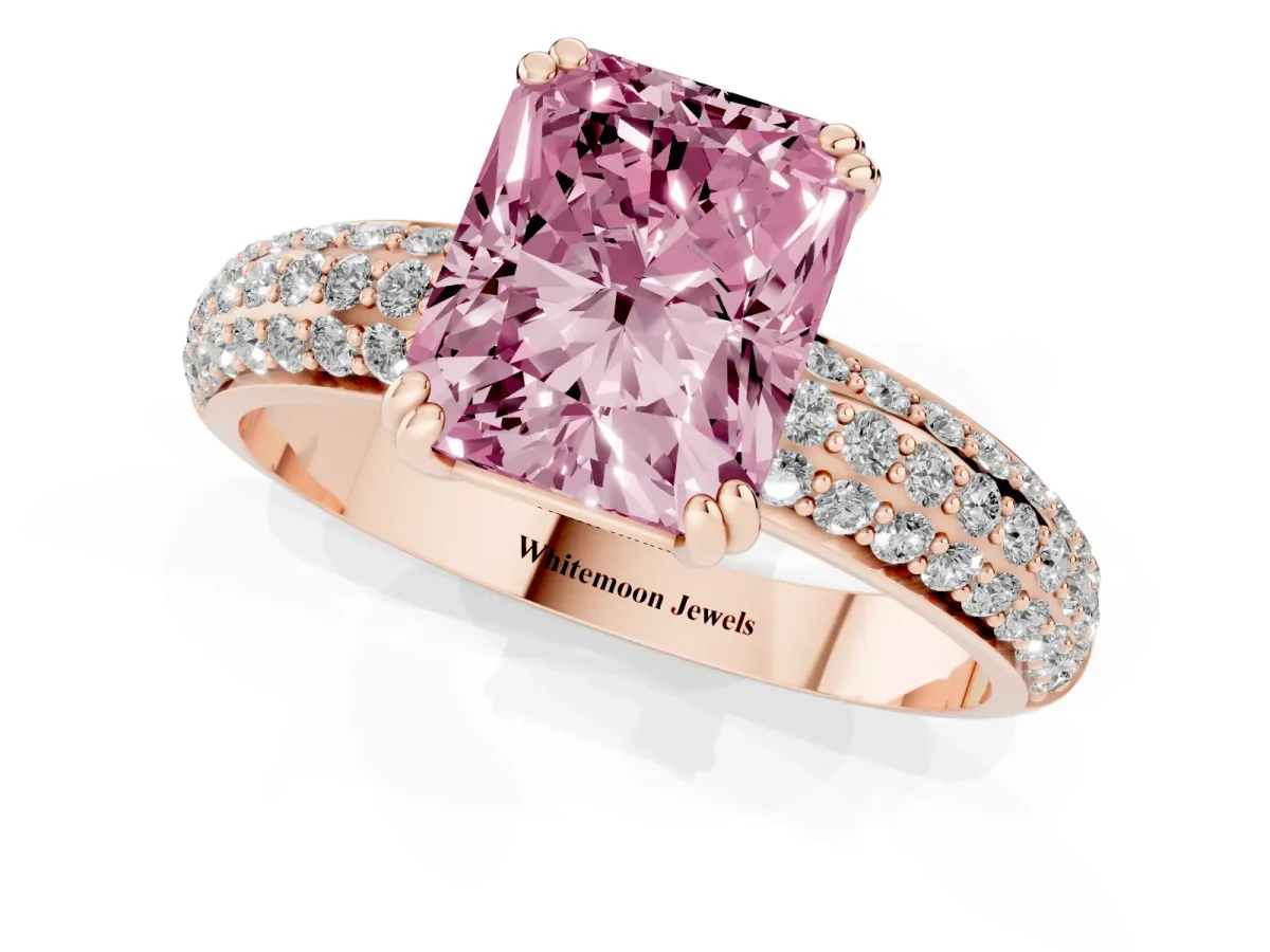 Fancy Pink Radiant Cut Diamond Solitaire Ring with Multi-Row Round Pavé Band and Prong Setting Rose gold