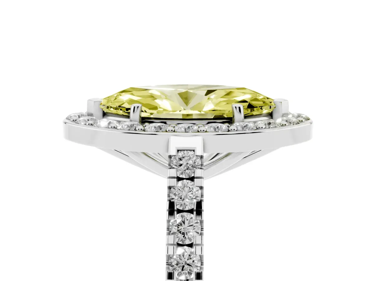 Fancy Yellow Marquise Cut Diamond Halo Ring with Round Pavé Split Shank and Prong Setting White gold