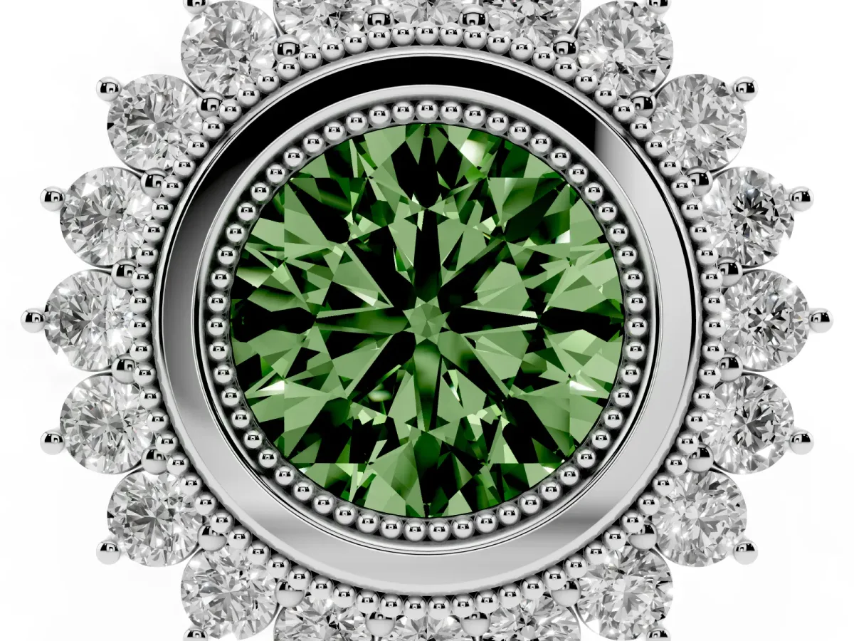 Fancy Green Round Cut Halo Diamond Ring with Milgrain Edge and Round Prong Setting Silver