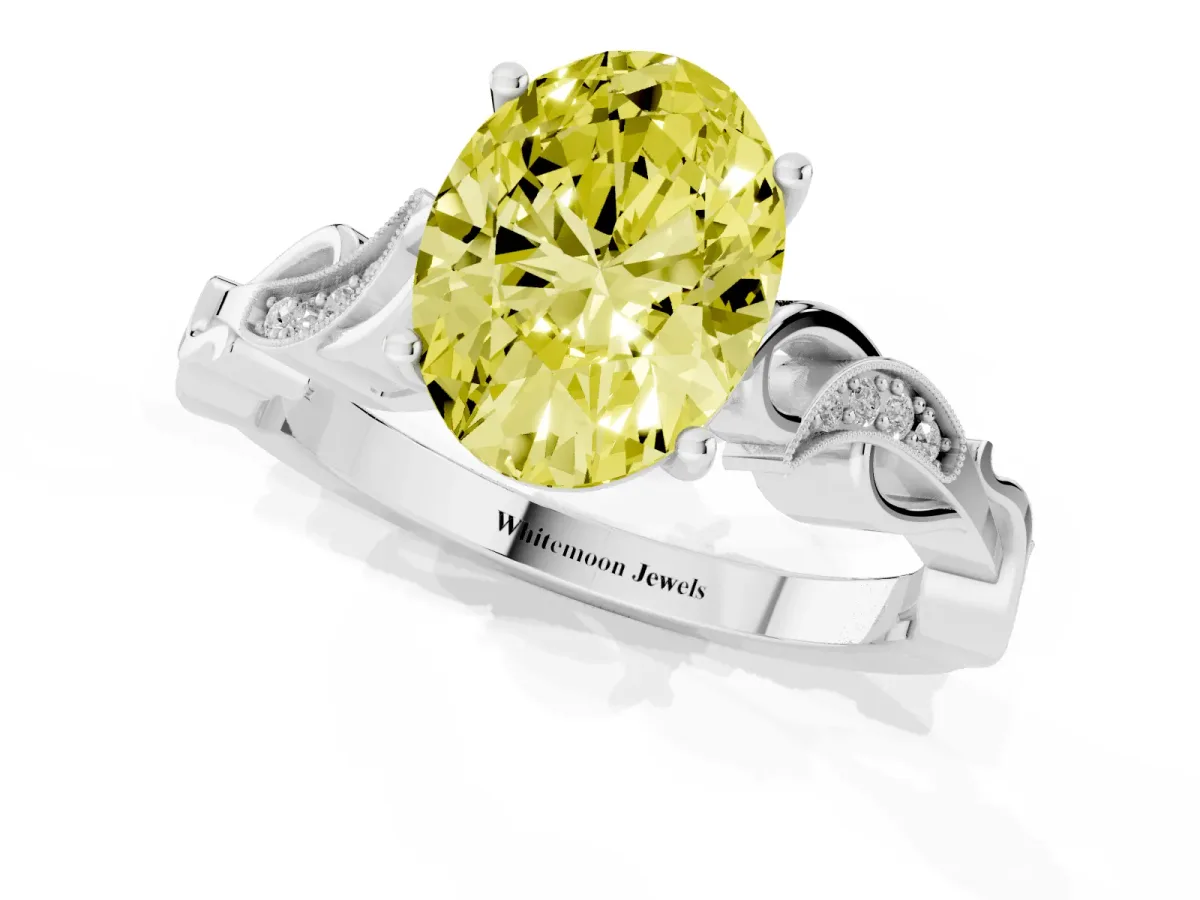 Fancy Yellow Oval Cut Solitaire Vine Band with Milgrain Prong Setting Silver