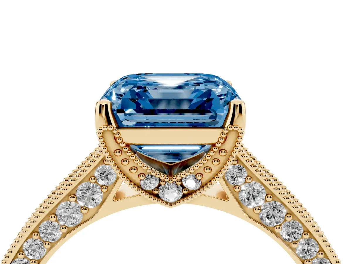 Fancy Blue Asscher Cut Cut Diamond Solitaire Ring with Milgrain Pave Band and Four Prong Setting Yellow gold