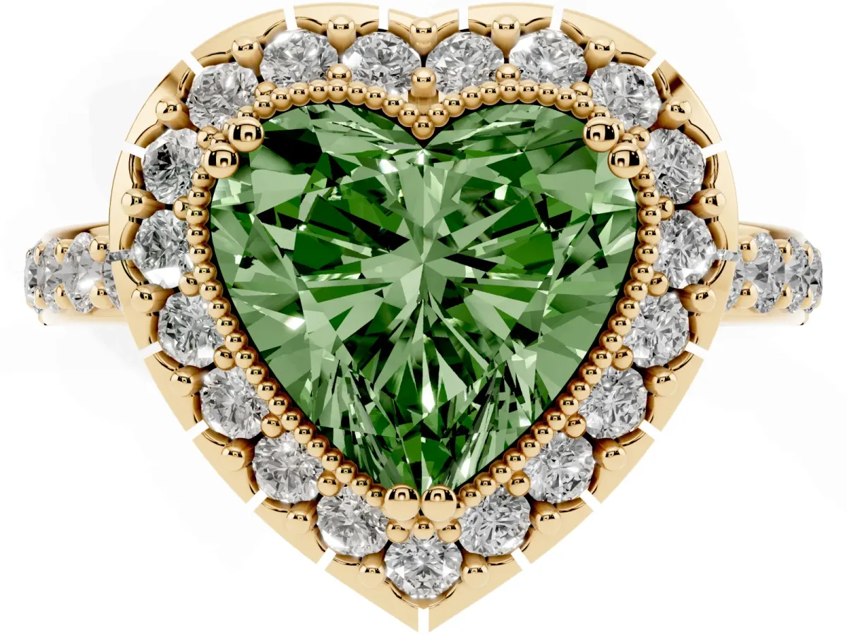 Fancy Green Heart Cut Diamond Halo Ring with Pavé Band and Prong Setting Yellow gold