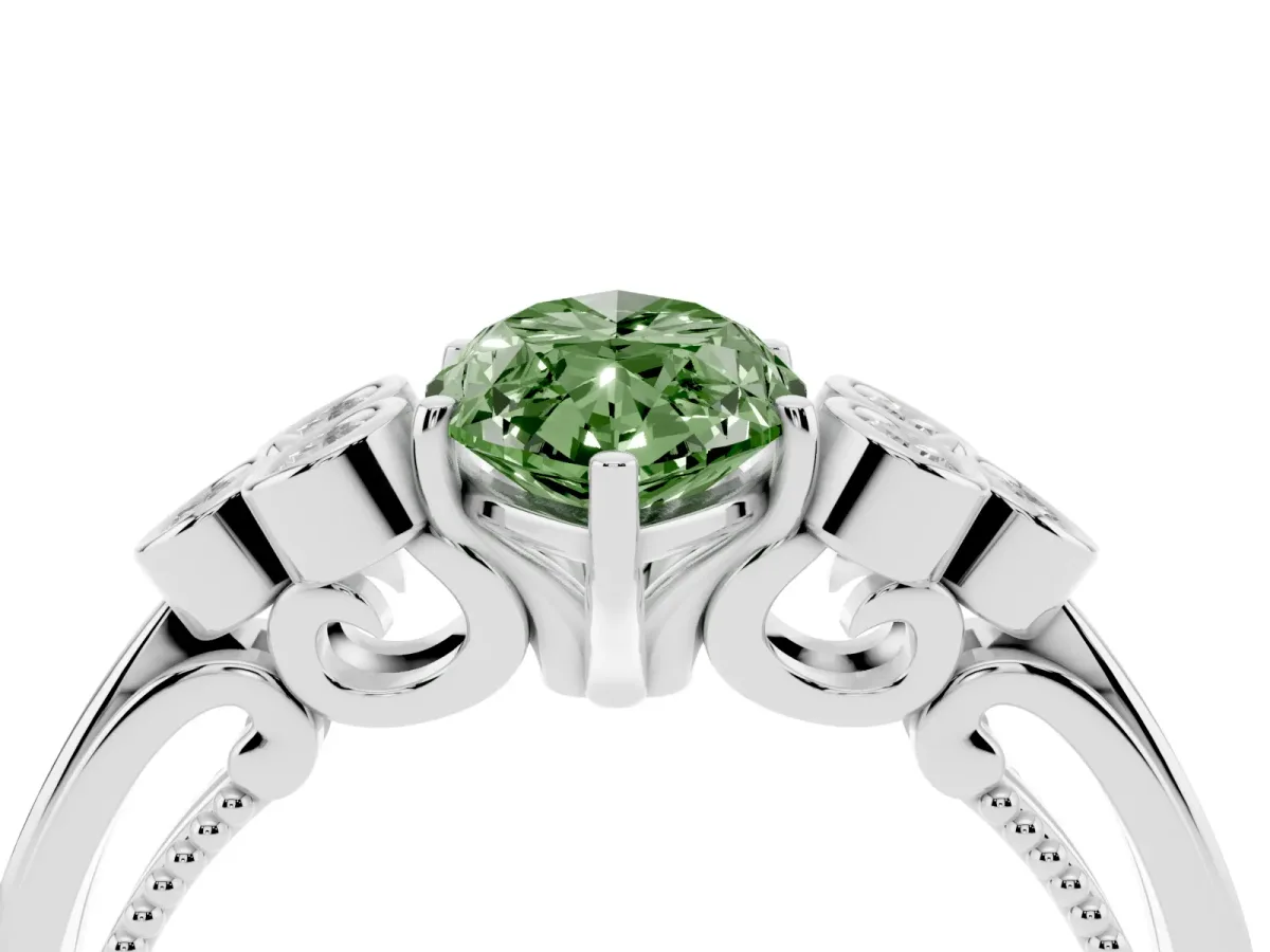 Fancy Green Marquise Cut Cut Diamond Engagement Ring with Bezel Set Round Side Stones and Prong Setting Silver