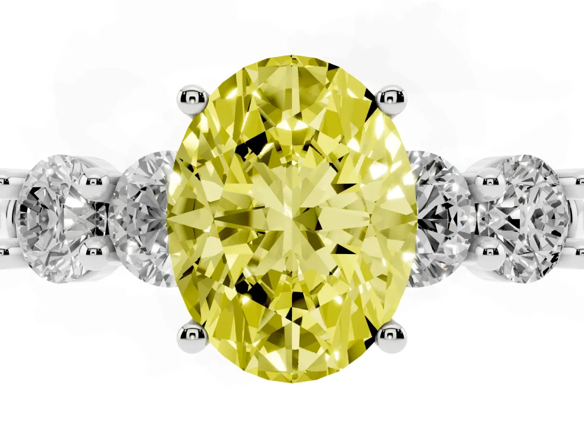 Fancy Yellow Oval Cut Cut Five-Stone Prong Set Diamond Ring with Classic Band Silver