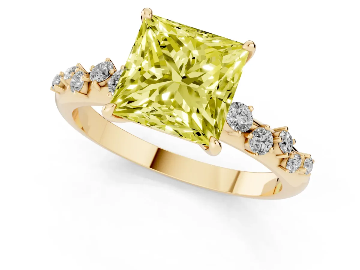 Fancy Yellow Princess Cut Diamond Cluster Prong-Set Solitaire Ring Yellow gold