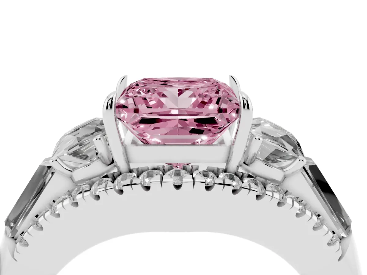 Fancy Pink Three-Stone Princess Cut Diamond Engagement Ring with Pave Band and Prong Setting Silver