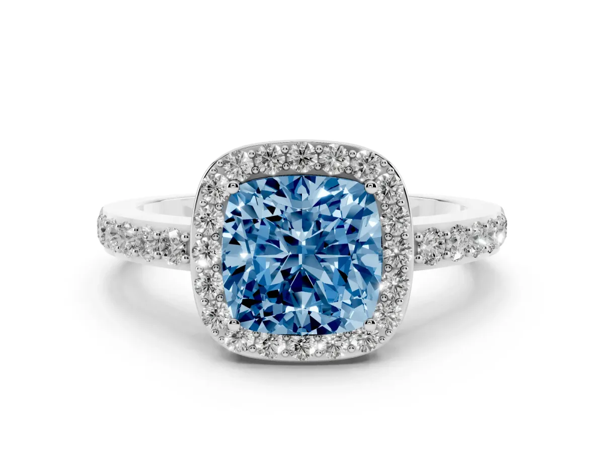 Fancy Blue Cushion Cut Halo Diamond Pavé Band Ring with Prong Setting Silver