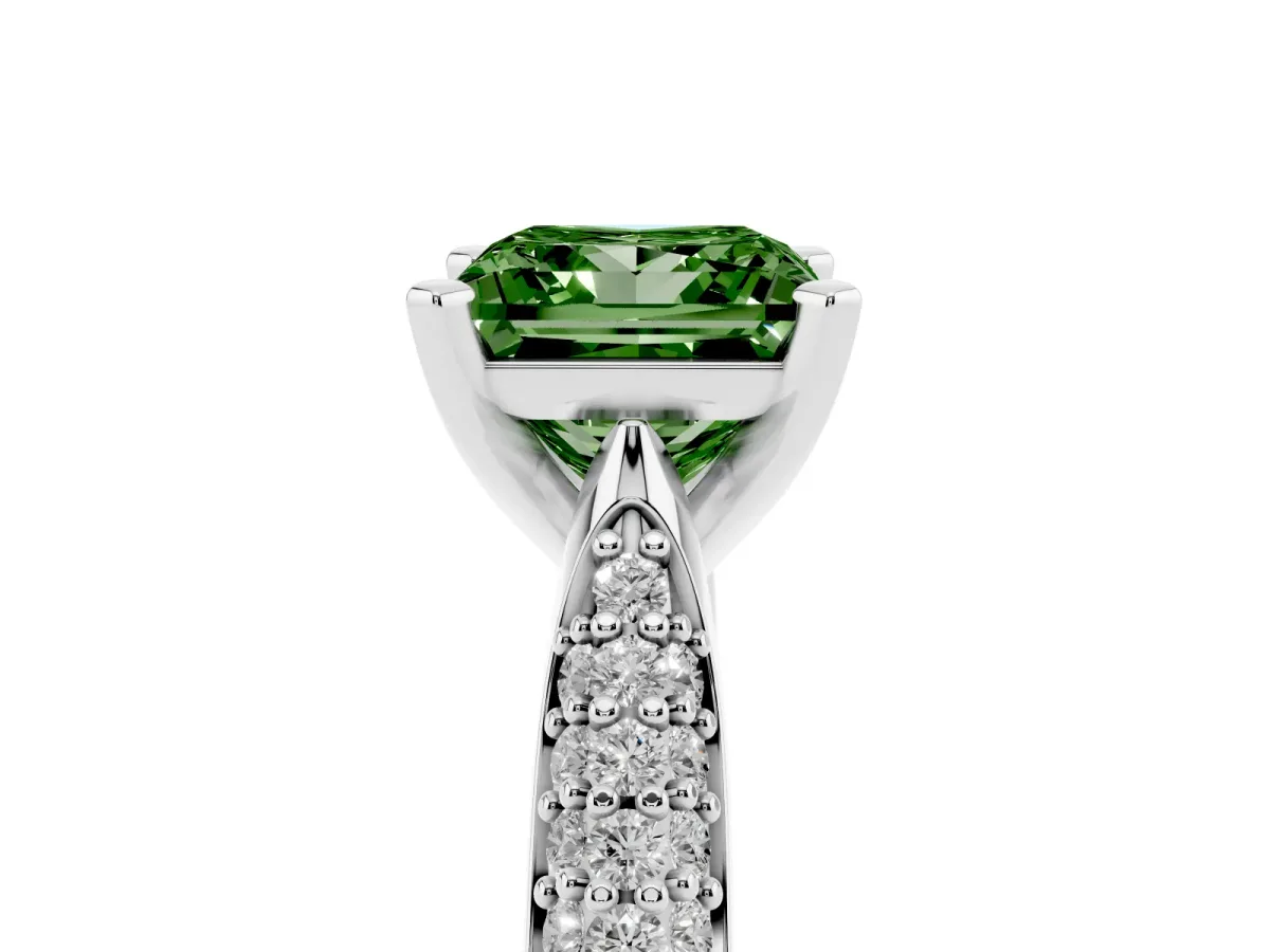 Fancy Green Princess Cut Diamond Solitaire Engagement Ring with Multi-Row Round Pavé Band and Prong Setting Platinum