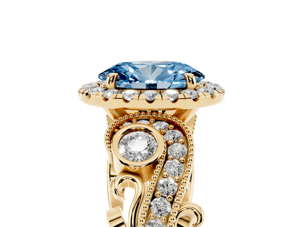 Fancy Blue Oval Cut Diamond Halo Ring with Milgrain Pavé Band and Four-Prong Setting Yellow gold