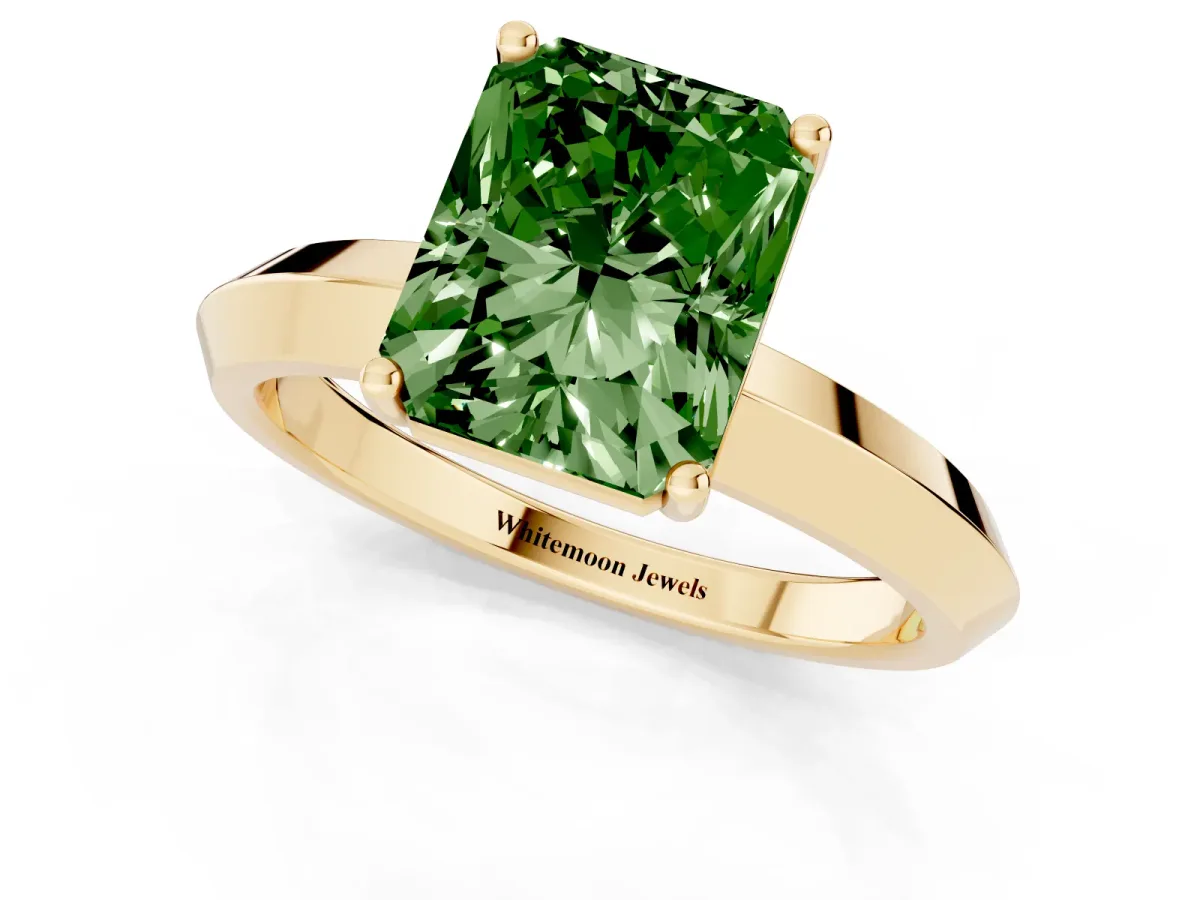 Fancy Green Radiant Cut Cut Solitaire Engagement Ring with Flat Band and Four-Prong Setting Yellow gold