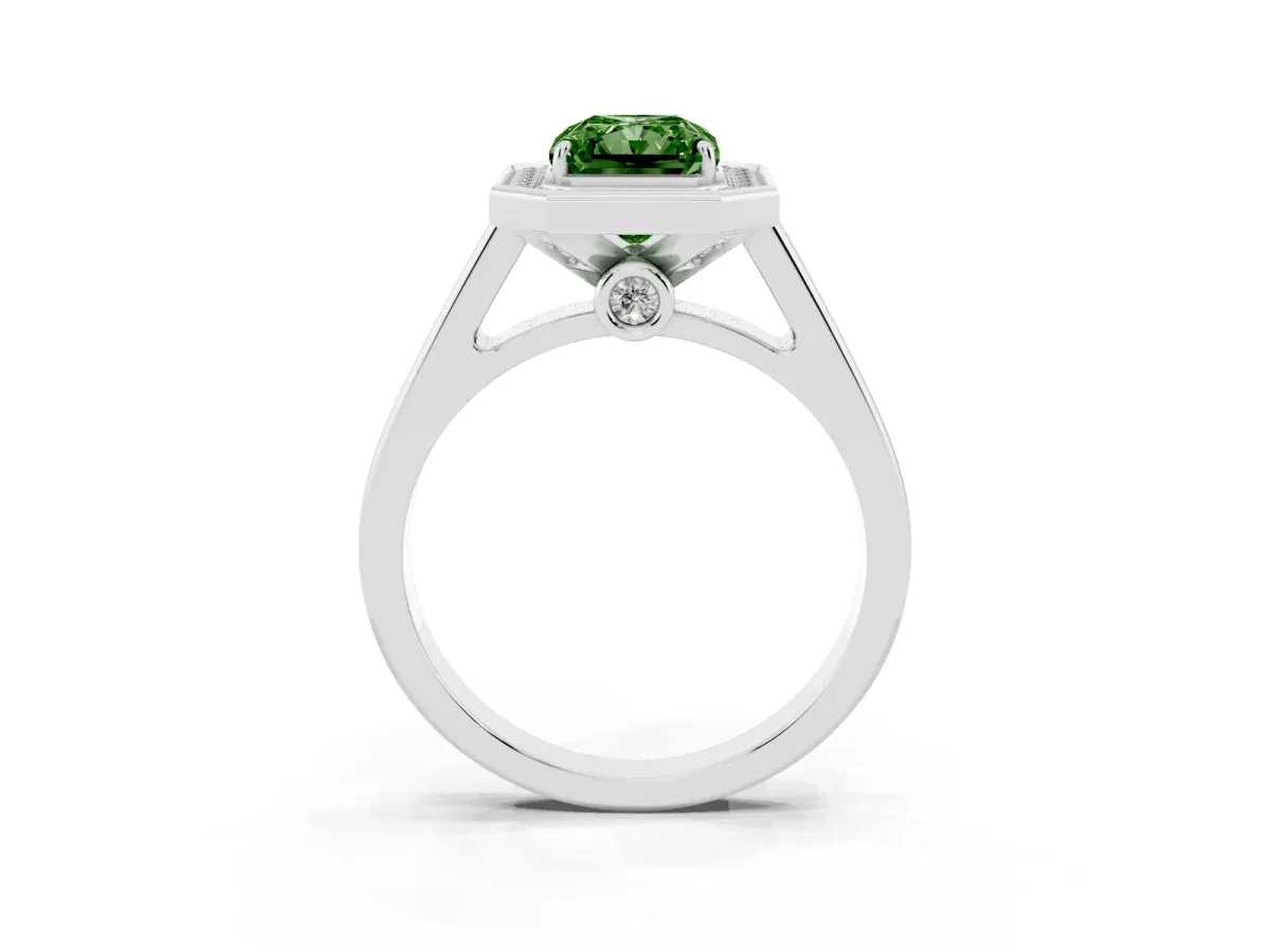 Fancy Green Radiant Cut Halo Solitaire Diamond Ring with Pave Band and Bezel Setting Silver