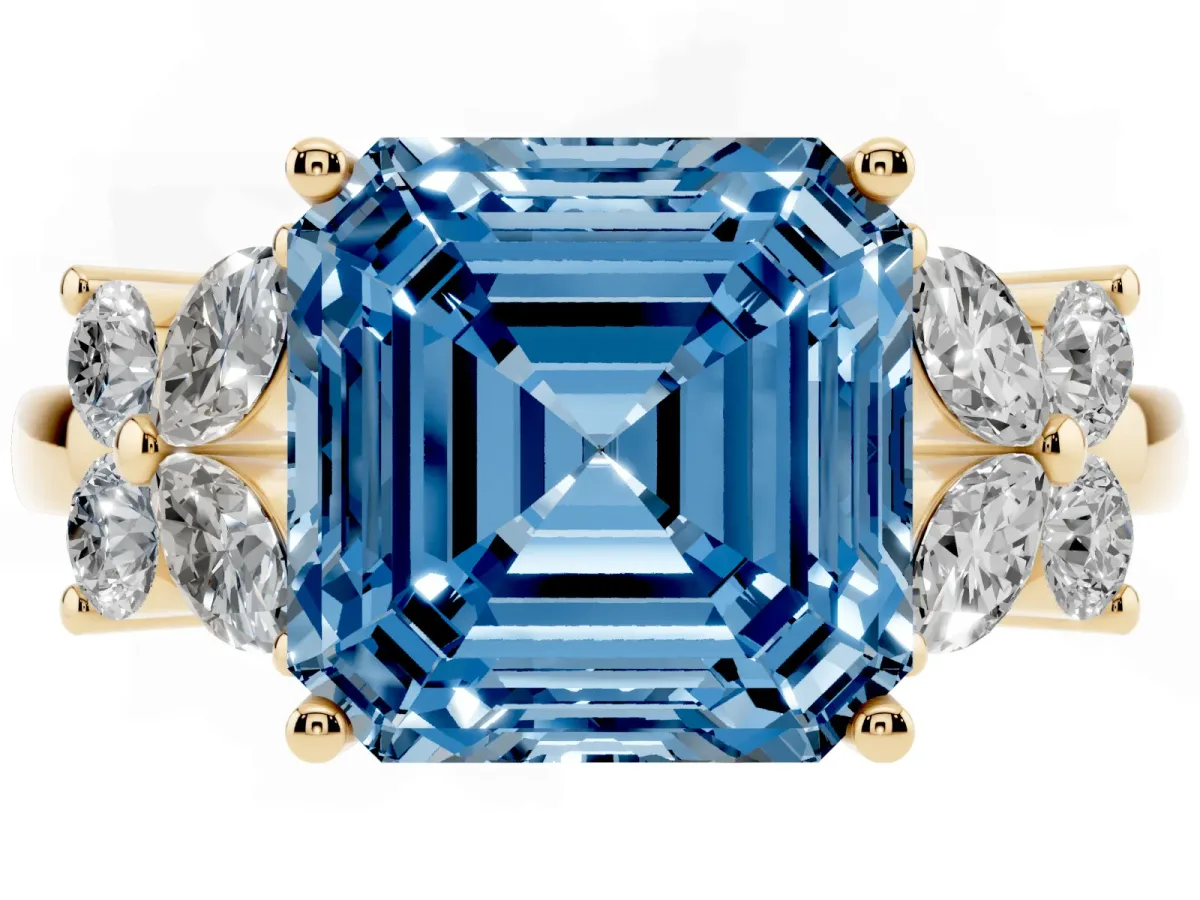 Fancy Blue Asscher Cut Diamond Floral Cluster Ring with Solitaire Band and Prong Setting Yellow gold