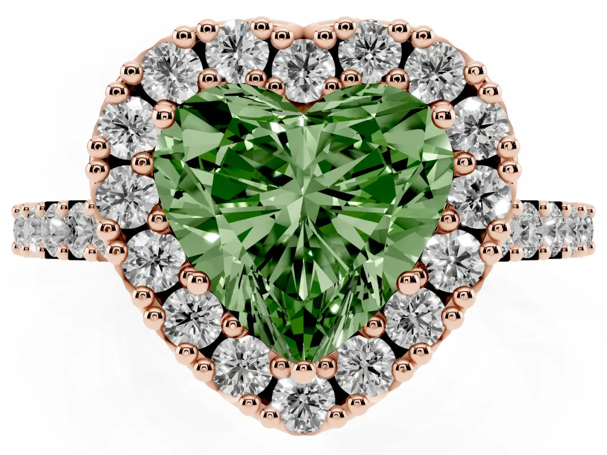 Fancy Green Heart Cut Halo Diamond Pavé Solitaire Ring Rose gold