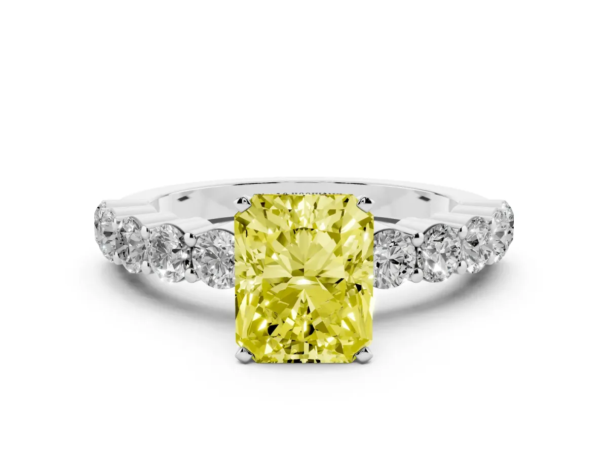 Fancy Yellow Radiant Cut Diamond Solitaire Ring with Shared Prong Round Side Stones Platinum