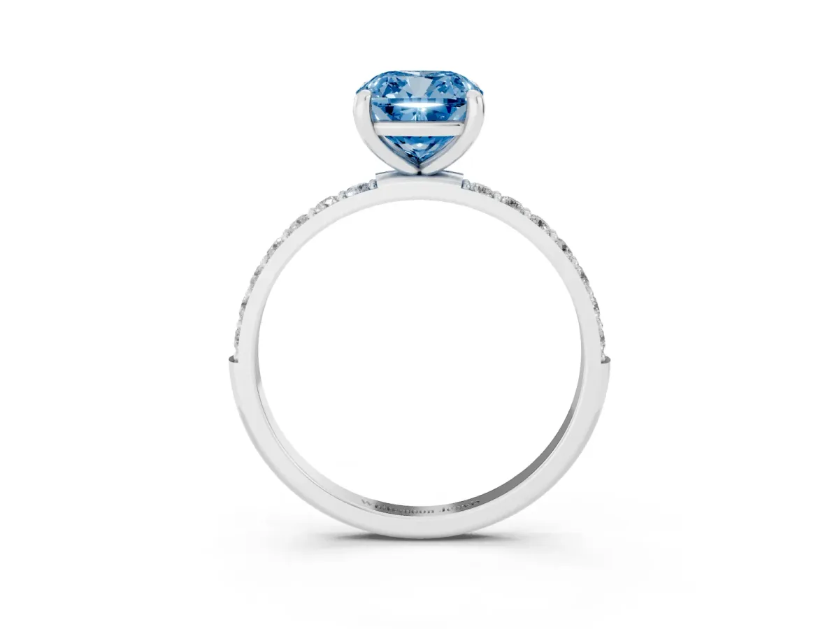 Fancy Blue Cushion Cut Diamond Solitaire Ring with Round Pavé Band and Prong Setting Silver
