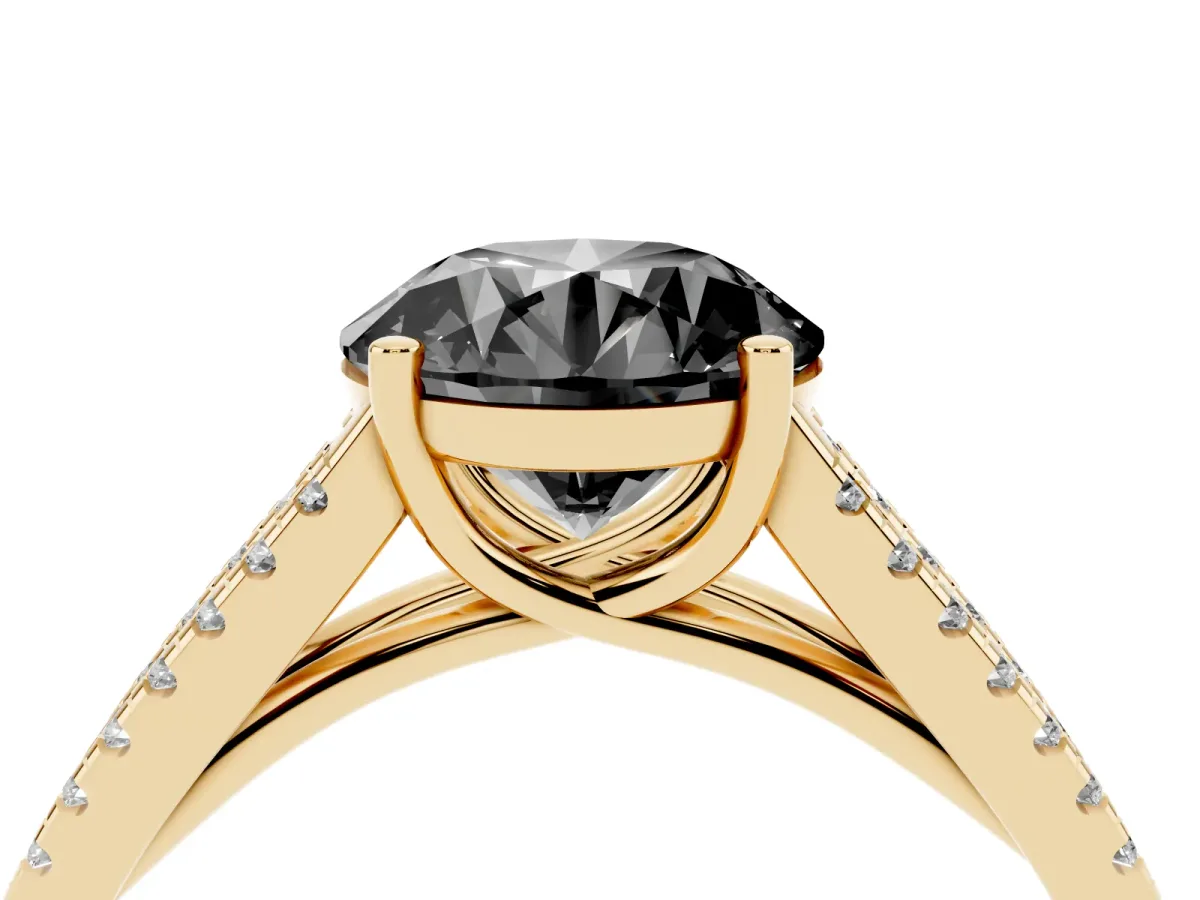 Fancy Black Round Cut Diamond Solitaire Engagement Ring with Split Shank Pavé Band Yellow gold