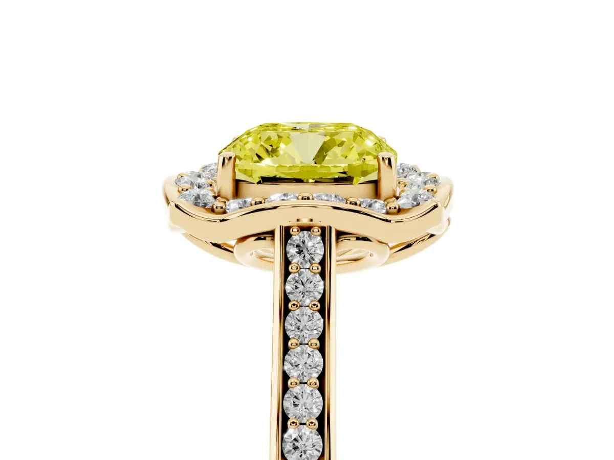 Fancy Yellow Cushion Cut Halo Round Diamond Pave Band with Four-Prong Setting Yellow gold